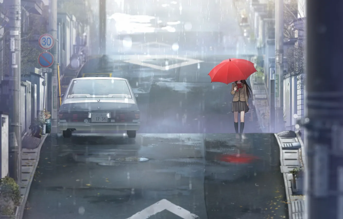 Фото обои дорога, машина, красный, дождь, улица, столбы, зонт, Город