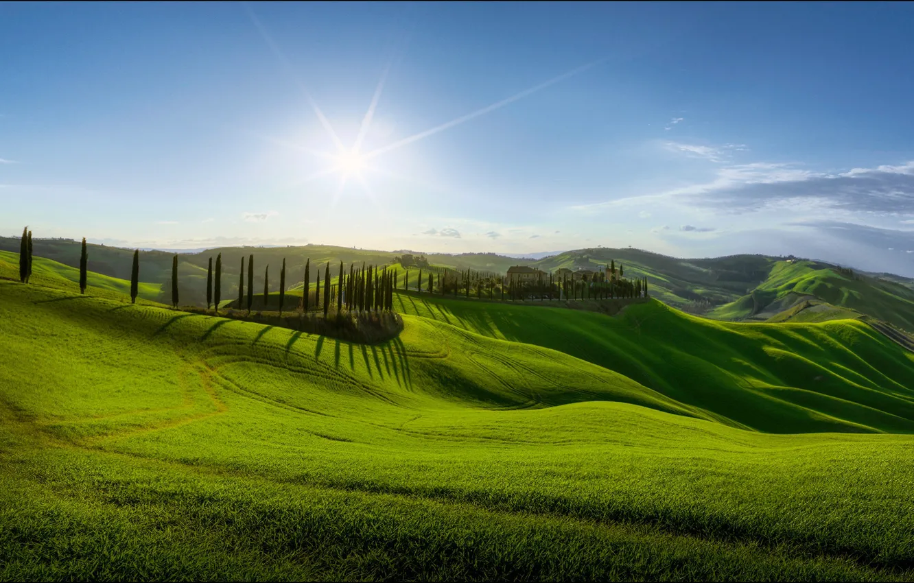 Фото обои солнце, долина, Италия, Тоскана