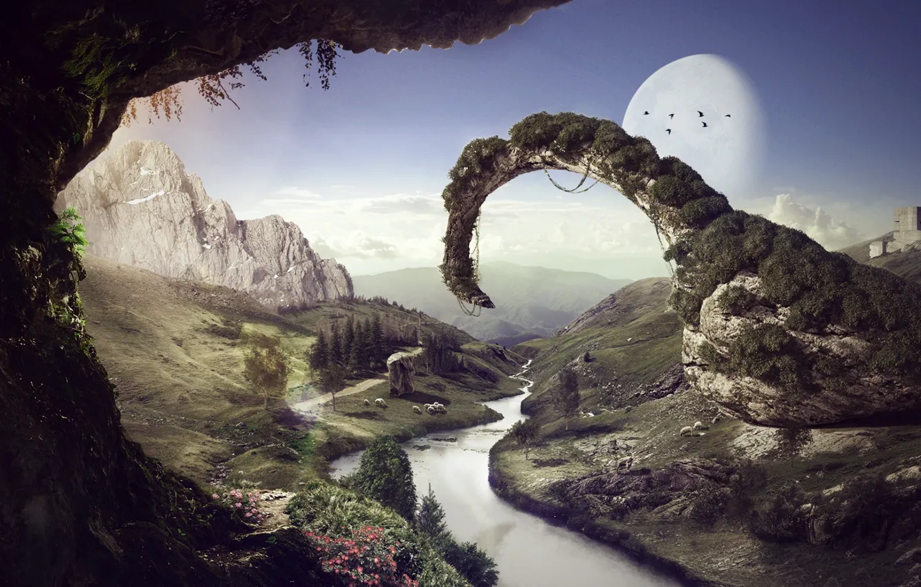 Фото обои tower, mountains, birds, planets, eternity
