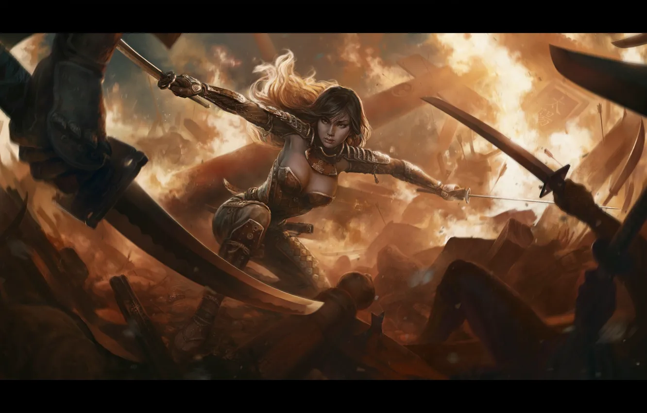 Фото обои девушка, оружие, фантастика, огонь, арт, разрушение, нападение, броня