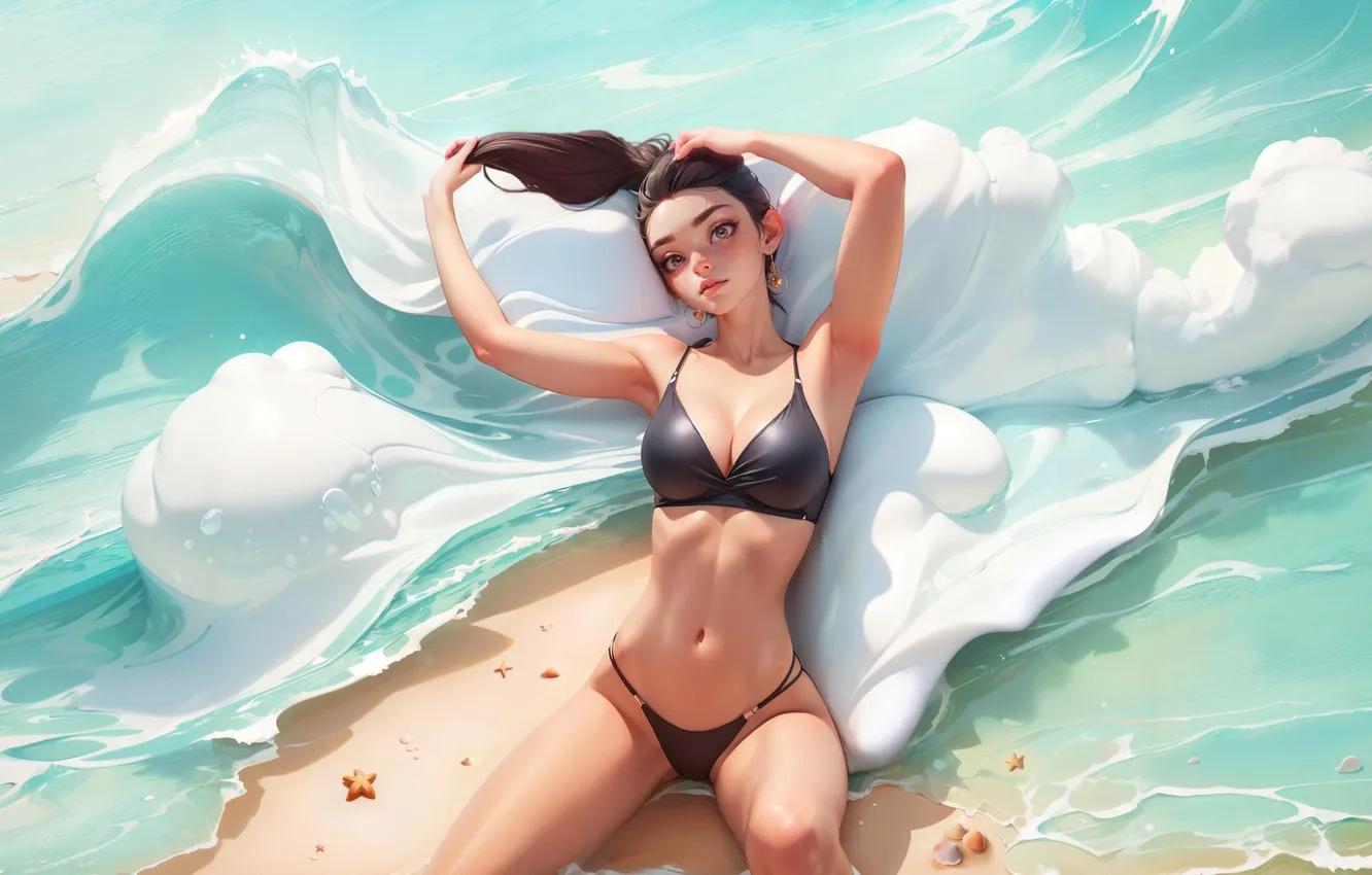 Фото обои girl, beach, sea, swimsuit, bikini, ai art