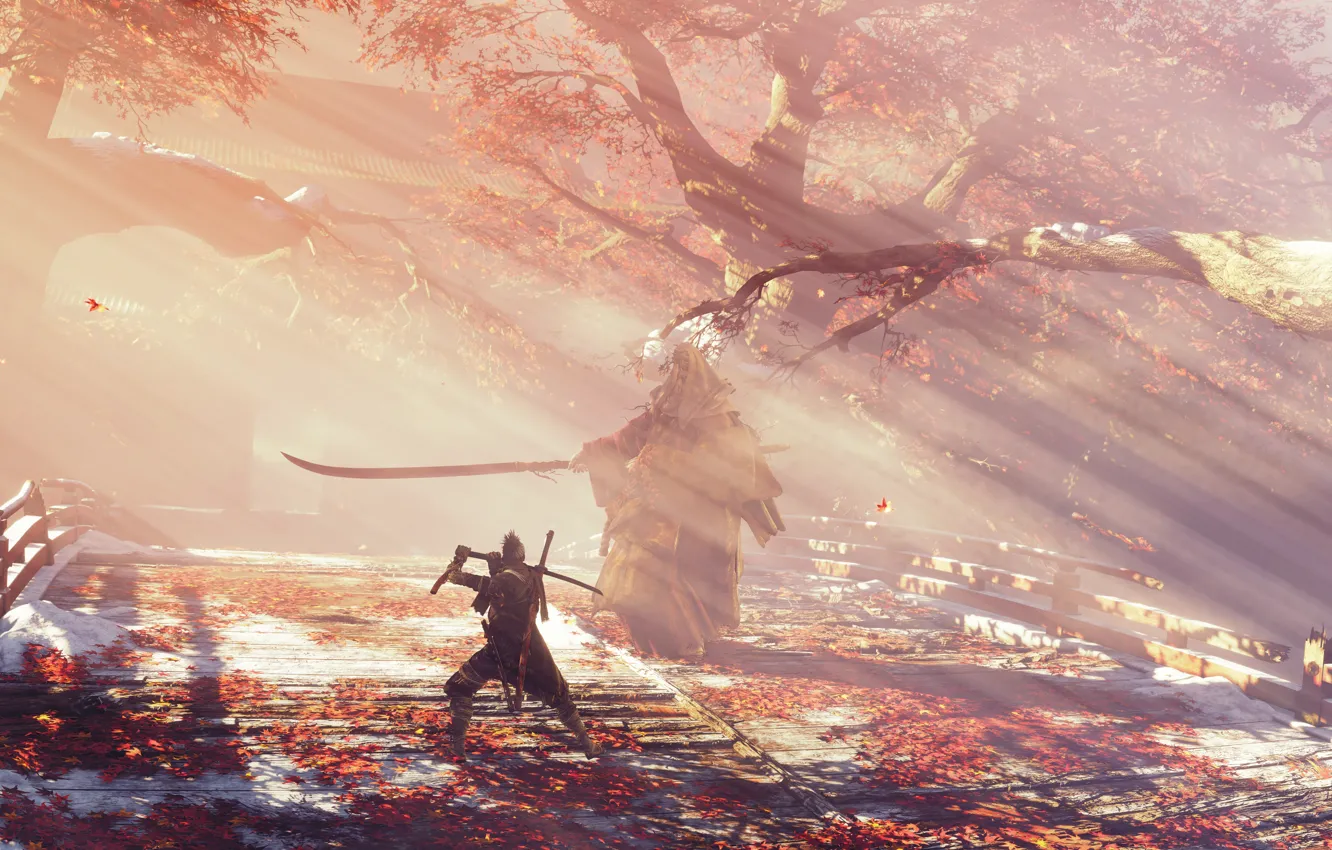 Фото обои листья, туман, игра, япония, волк, меч, sword, art