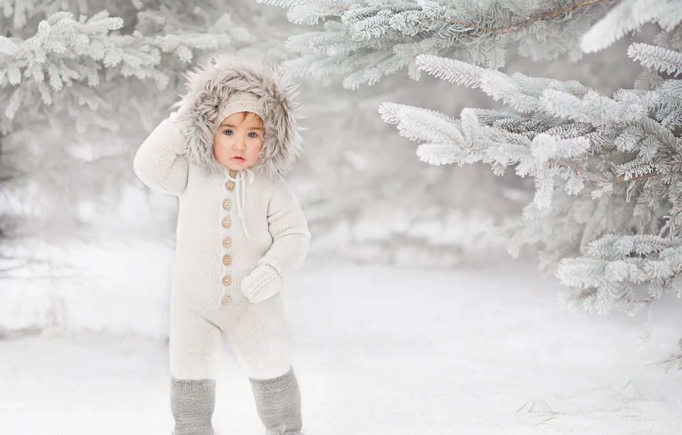 Фото обои зима, снег, ветки, мальчик, ели, капюшон, комбинезон, ребёнок