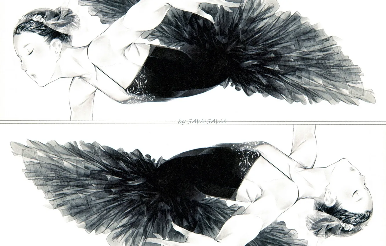 Фото обои отражение, черно-белая, танец, балерина, пачка, черное платье, чёрный лебедь, закрытые глаза