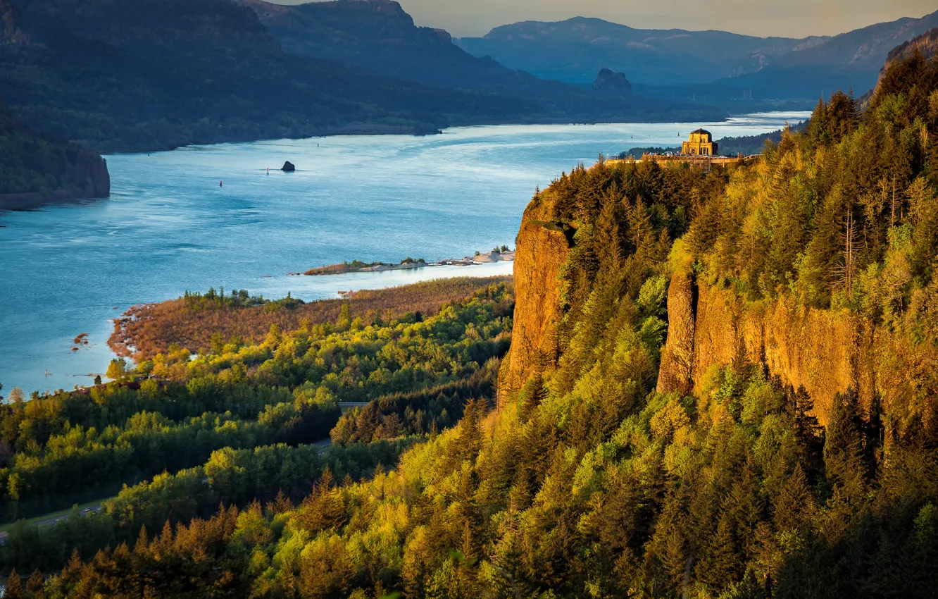 Фото обои пейзаж, закат, горы, природа, дом, река, Орегон, США