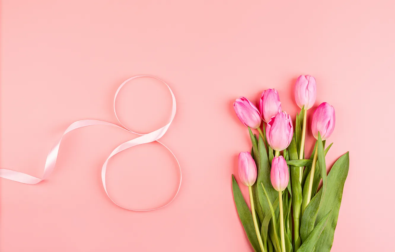 Фото обои цветы, цифра, тюльпаны, happy, 8 марта, pink, flowers, tulips