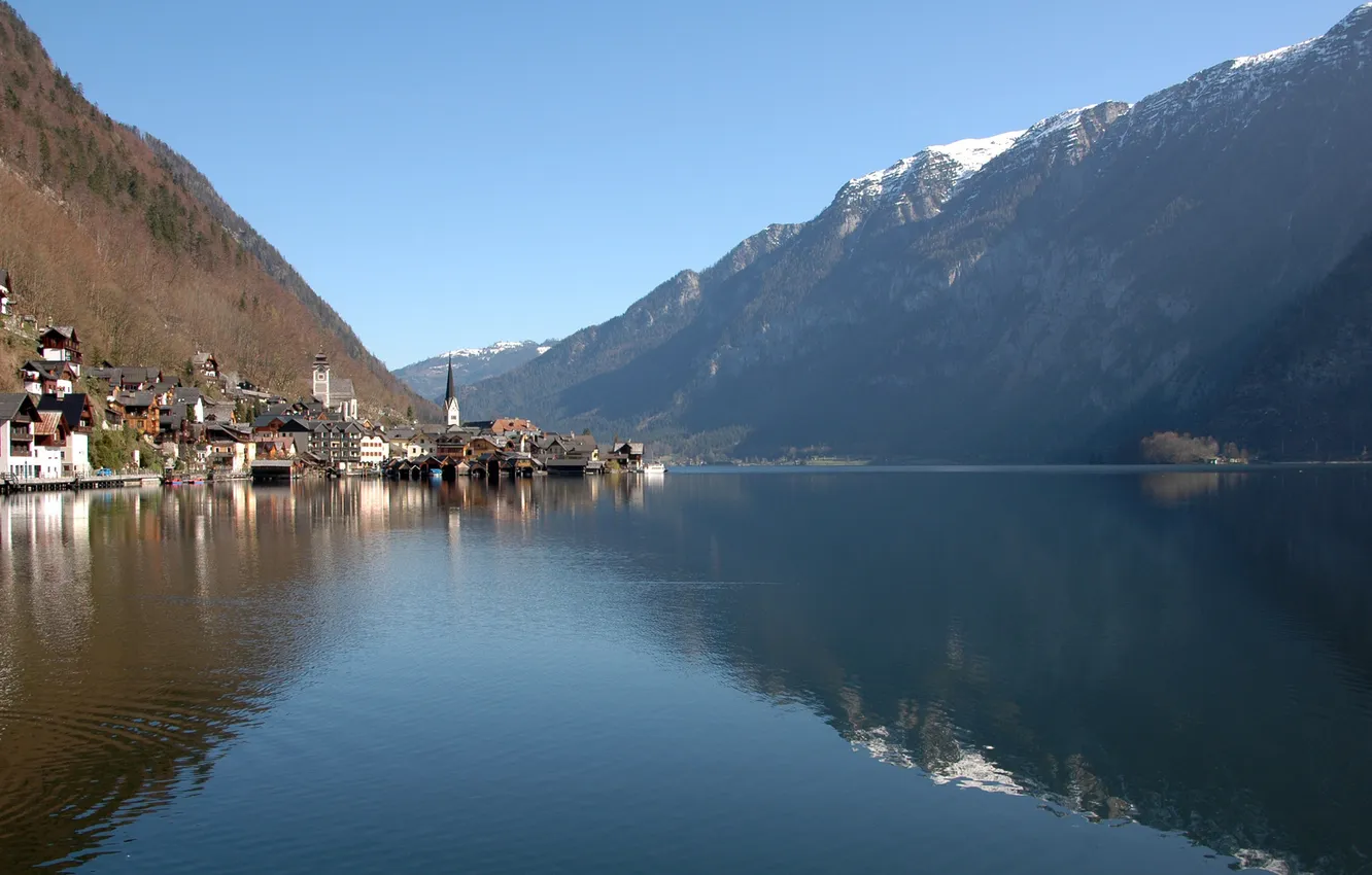 Фото обои небо, вода, горы, озеро, отражение, городок, австрия, austria