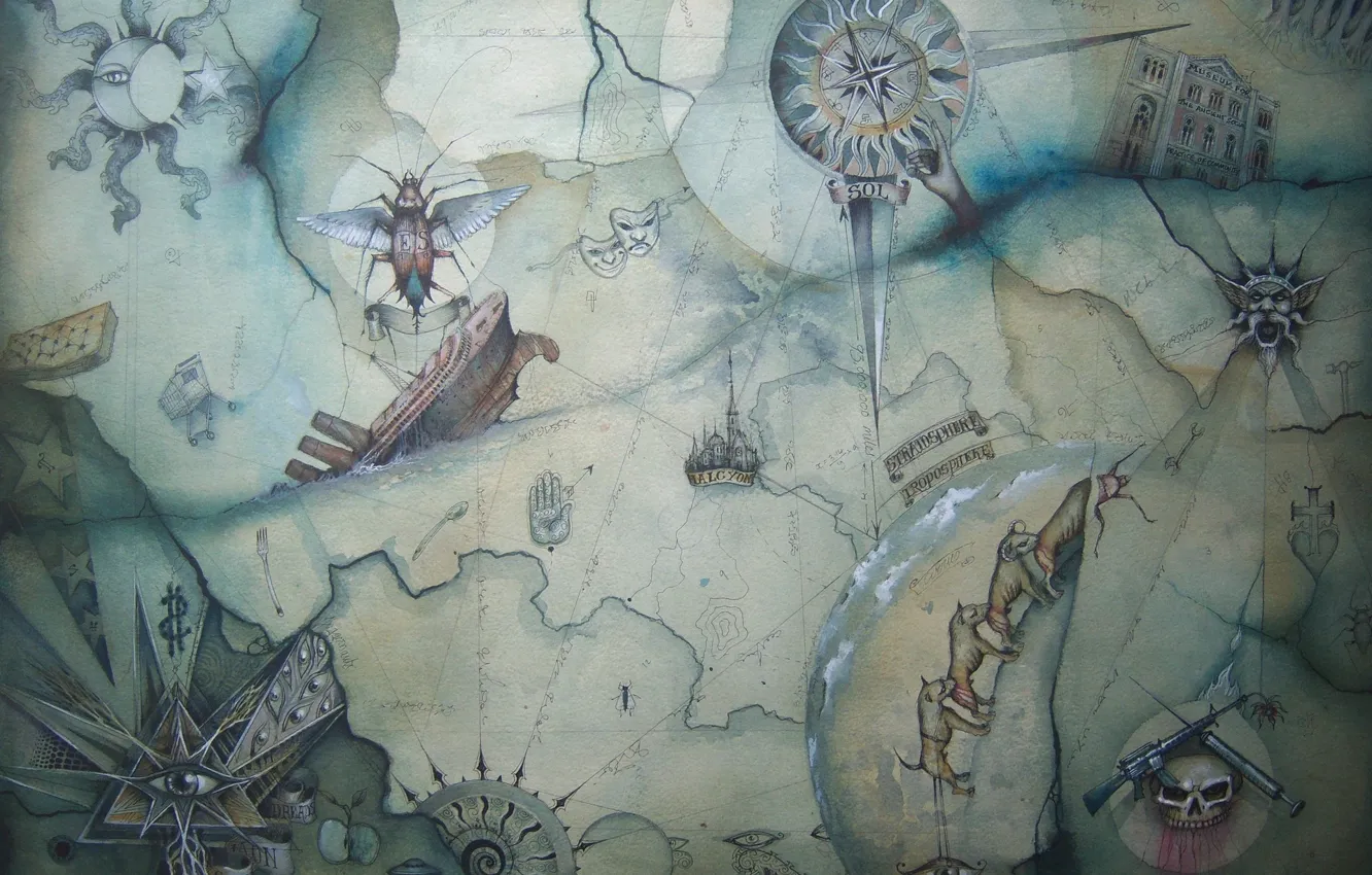 Фото обои корабль, карта, жук, компас, треугольник, Enter Shikari