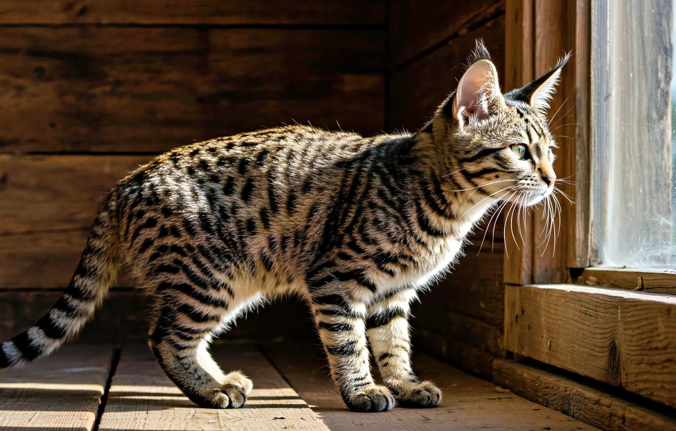 Фото обои кошка, кот, взгляд, стекло, свет, поза, дом, серый