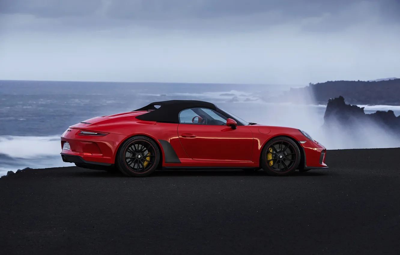 Фото обои красный, берег, 911, Porsche, Speedster, 991, мягкий верх, 2019