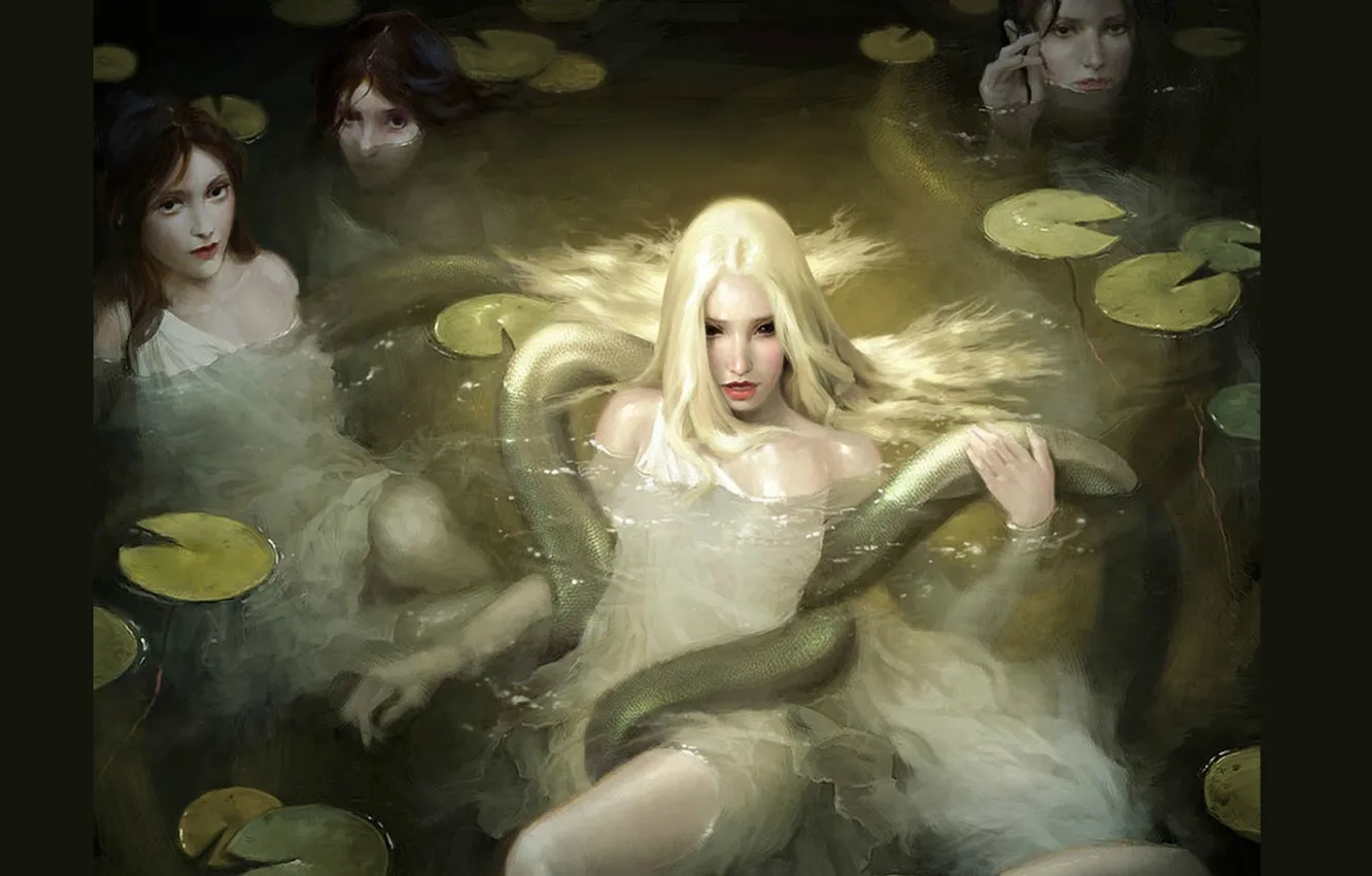 Фото обои вода, змея, руки, русалки, колени, ведьмы