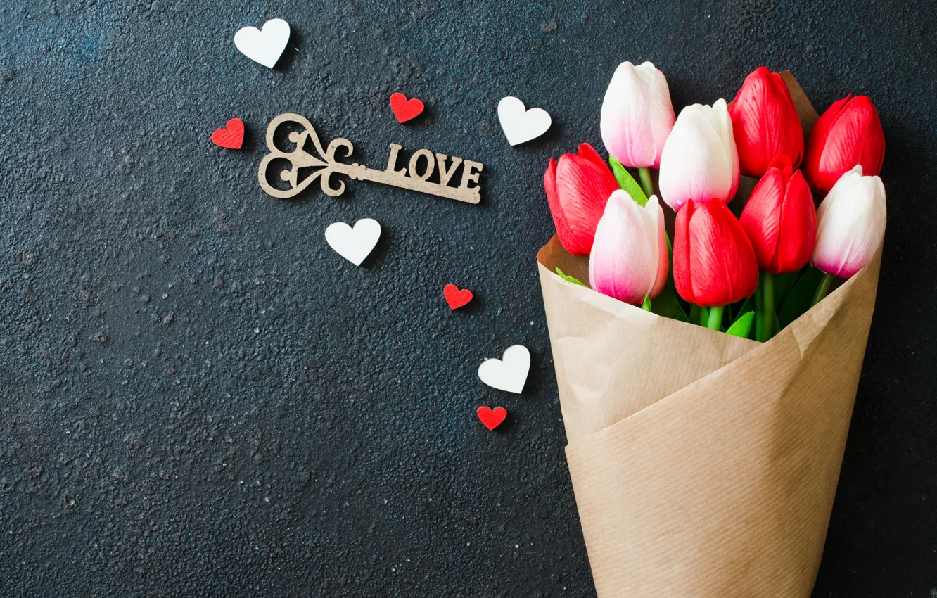 Фото обои букет, сердечки, тюльпаны, love