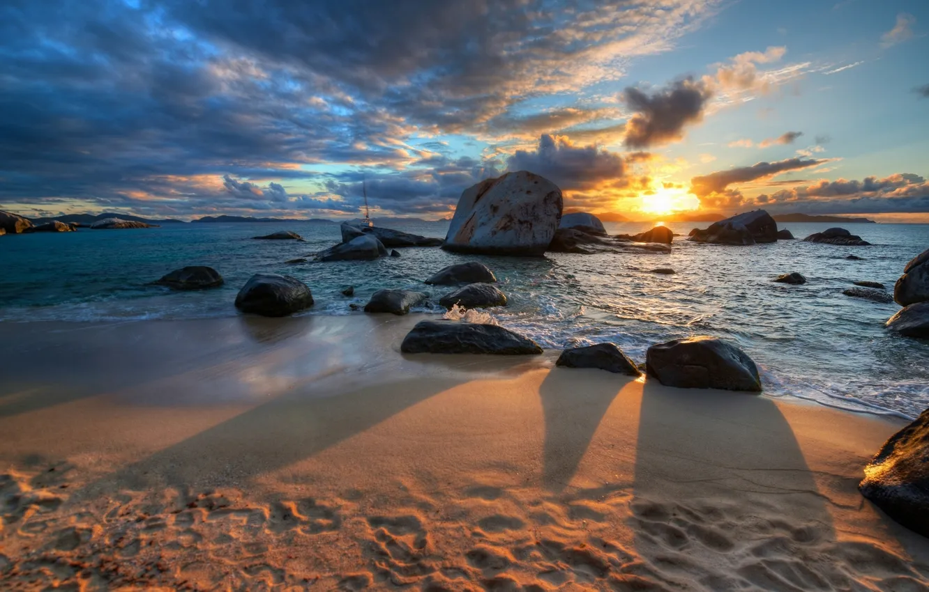 Фото обои закат, камни, побережье, Caribbean, British Virgin Islands, Британские Виргинские острова, Карибское море