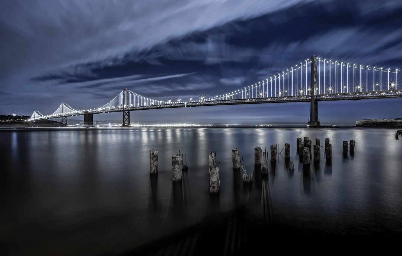 Фото обои небо, мост, огни, порт, Калифорния, залив, Сан-Франциско, California