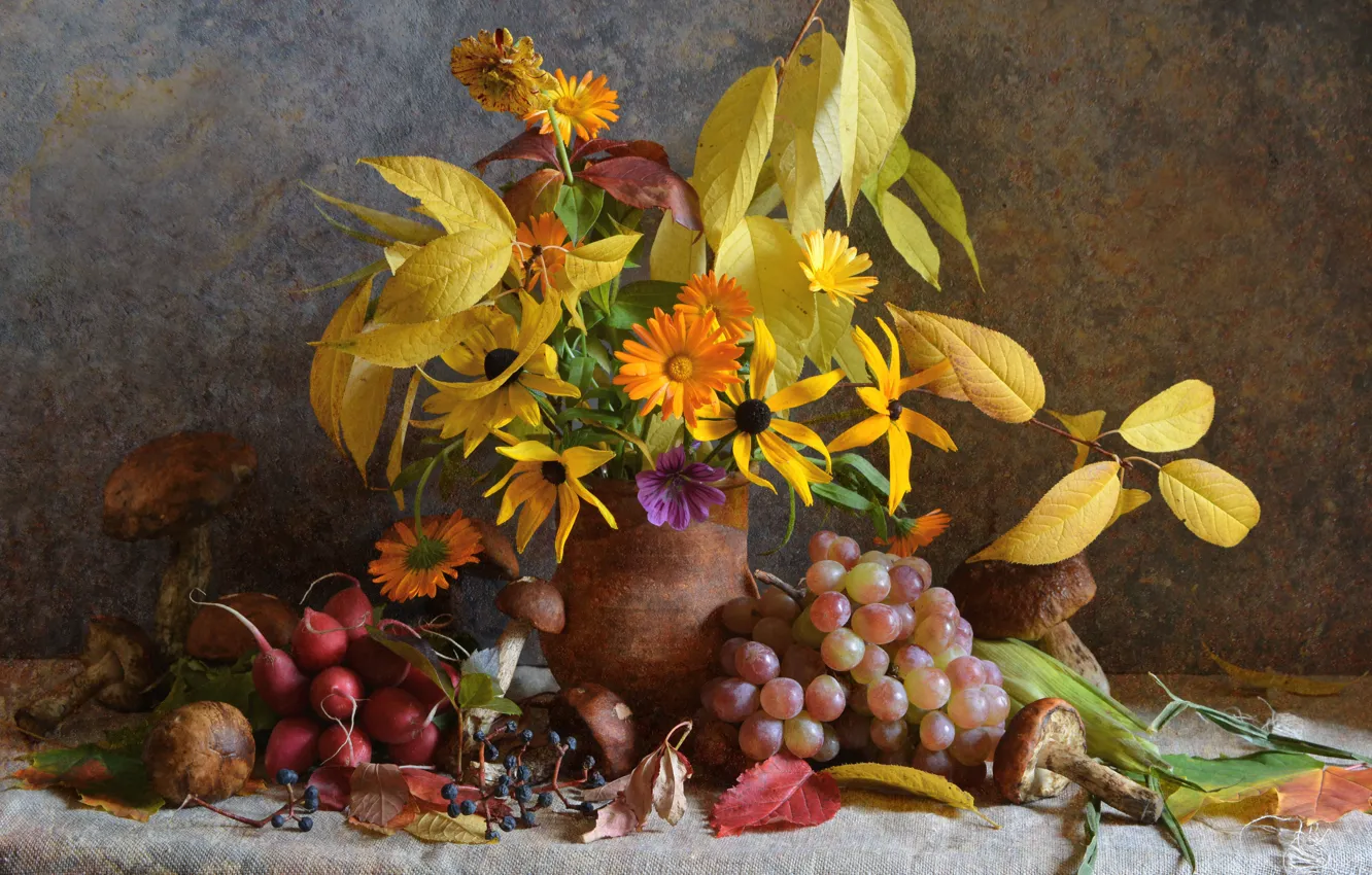 Фото обои осень, листья, цветы, грибы, букет, натюрморт, композиция, осенний букет