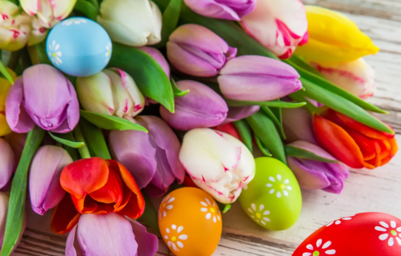 Фото обои цветы, яйца, букет, Пасха, тюльпаны, flowers, Easter, eggs