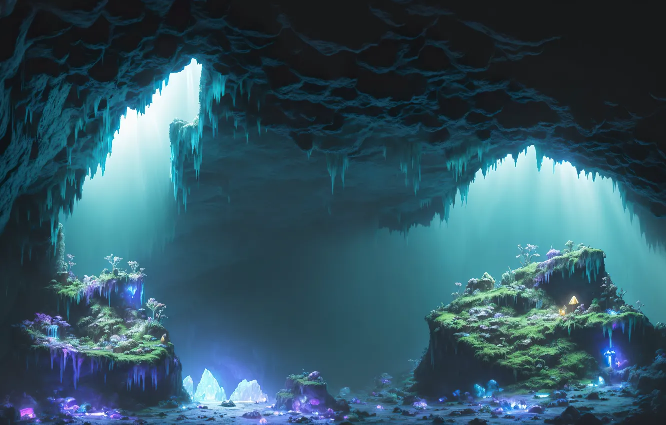 Фото обои кристаллы, пещера, подземелье, цифровое искусство, арт работа Razor127, диковинные растения, спелиология, ИИ АРТ
