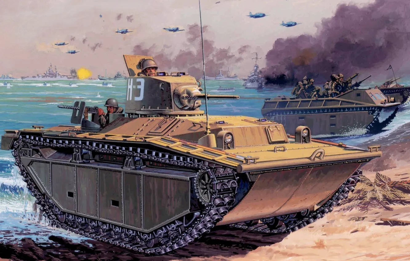Фото обои рисунок, арт, LVT(A)(1), Amtrac, лавающий трактор, AMphibious TRACKtor, Гусеничная десантная машина, Landing Vehicle Tracked