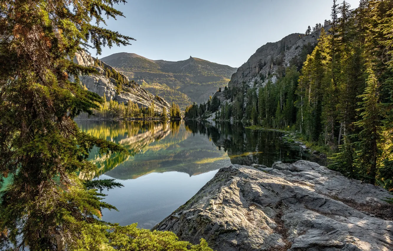 Фото обои лес, горы, озеро, отражение, камень, Калифорния, California, Сьерра-Невада