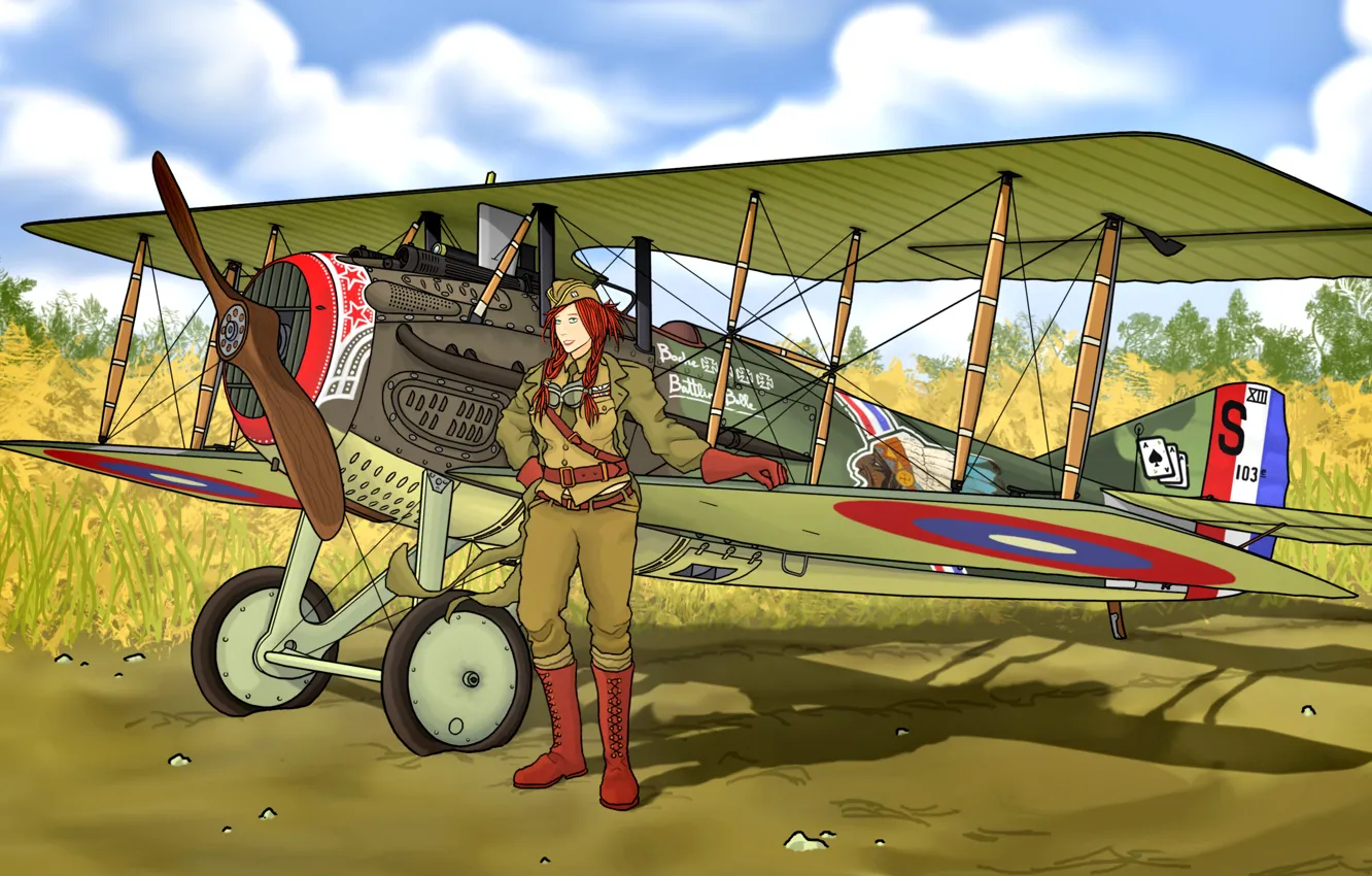 Фото обои Истребитель, времён, Рыжеволосая девушка, SPAD, S.XIII, Первой Мировой войны