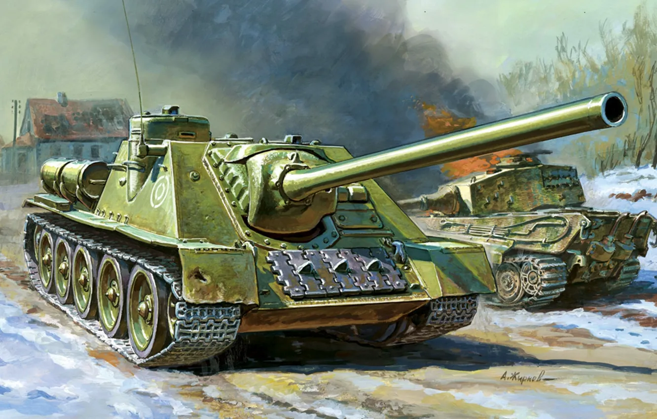 Фото обои рисунок, самоходно-артиллерийская установка, советская, истребитель танков, пт-сау, Су-100