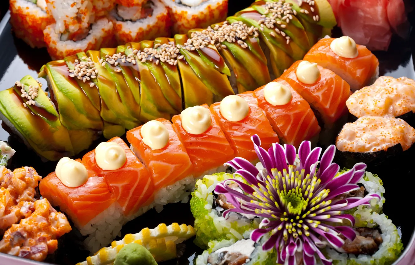 Фото обои рыба, sushi, суши, роллы, морепродукты, японская кухня