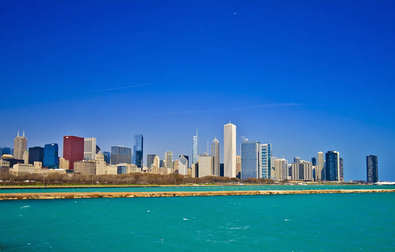 Фото обои город, Чикаго, панорама, Chicago, Lake Michigan, вид с озера, Grant Park