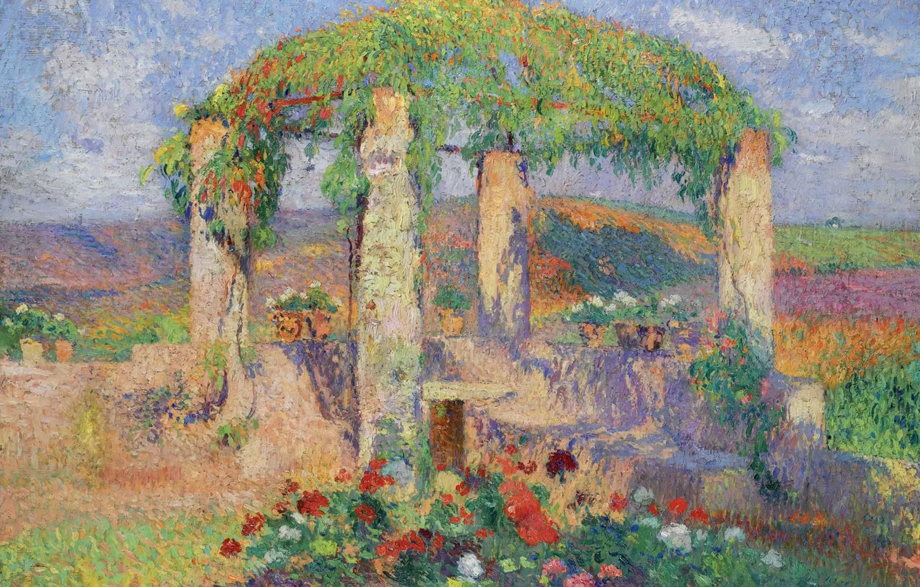 Фото обои пейзаж, цветы, картина, Анри-Жан Гильом Мартин, Henri Matrin, Беседка. Начало Осени