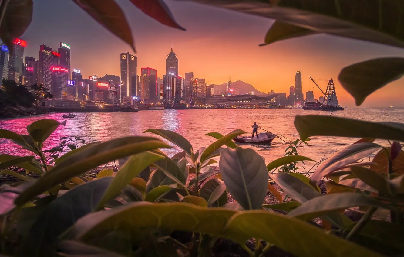 Фото обои город, бухта, рыбак, Гонконг, Китай, Hong Kong, КНР, Гон Конг