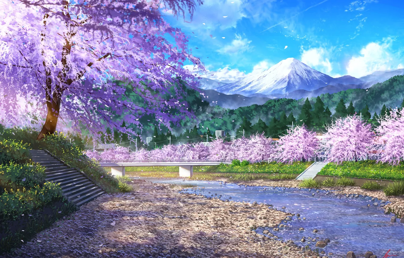 Фото обои небо, вода, горы, природа, весна, сакура, NIK