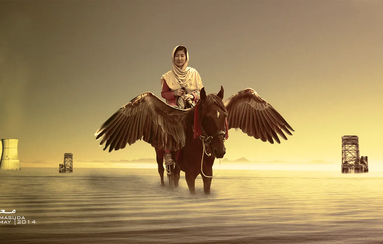 Фото обои sea, wings, horse, she, worrior, fairtale, parry