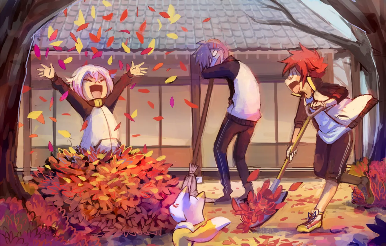 Фото обои друзья, веселье, опавшие листья, лисенок, три парня, Touken Ranbu, Tsurumaru Kuninaga, Танец мечей