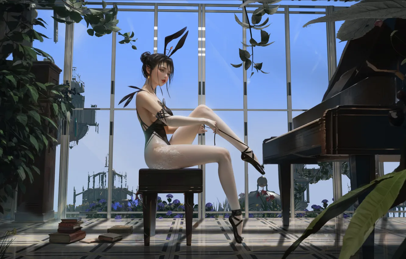 Фото обои piano, women, digital art, artwork, plants, sitting, dark hair, illustration