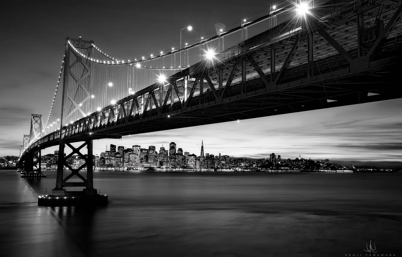 Фото обои мост, город, огни, ч/б, Сан-Франциско, photographer, Kenji Yamamura