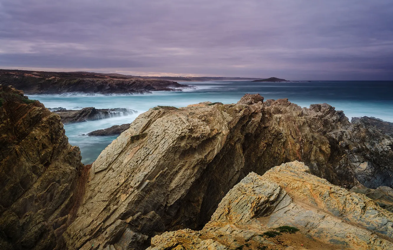 Фото обои море, закат, тучи, скалы