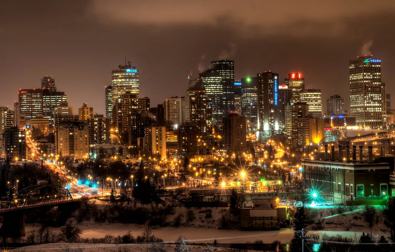 Фото обои ночь, огни, Канада, небоскрёбы, провинция Альберта, Edmonton, Э́дмонтон
