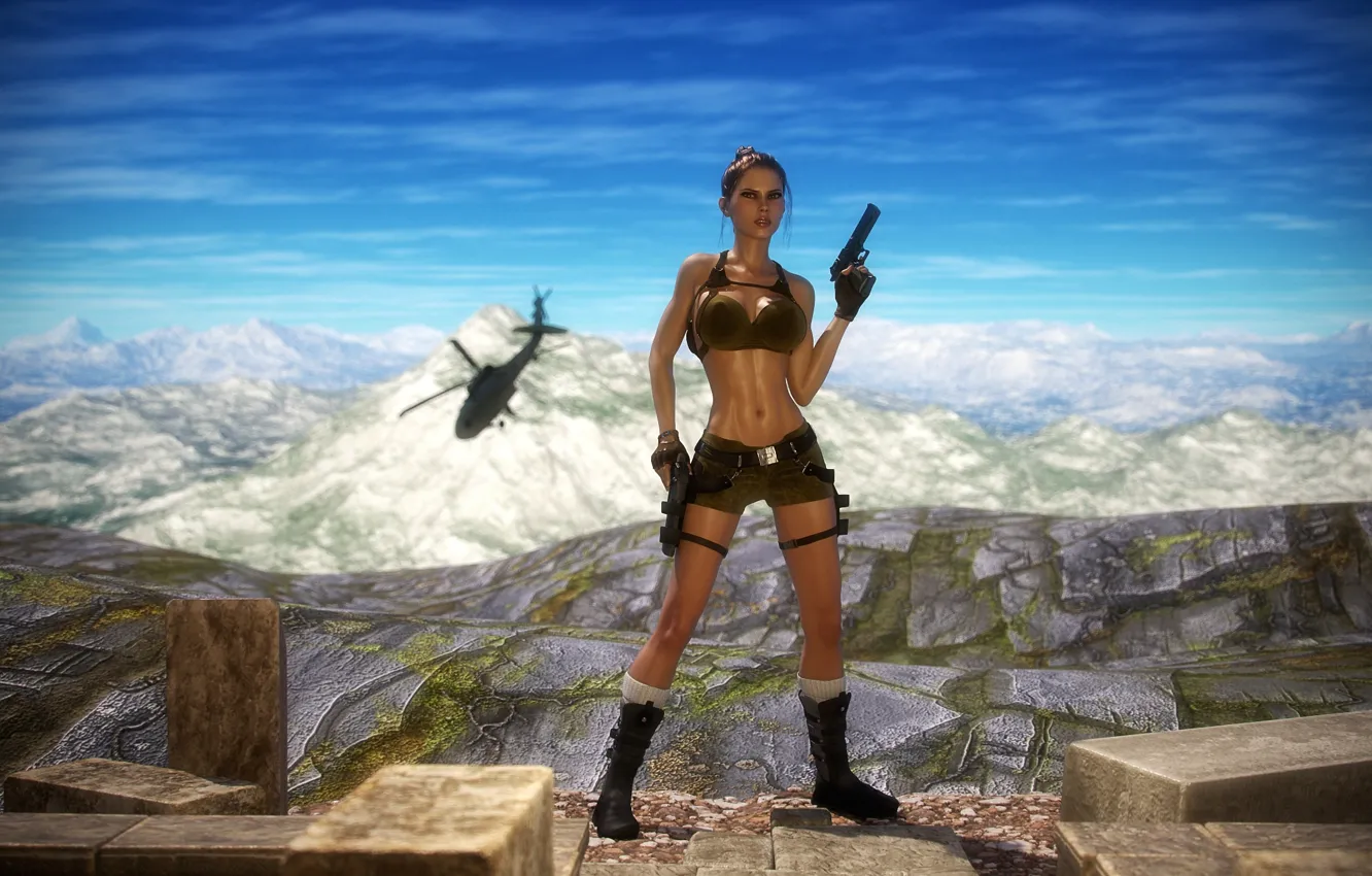 Фото обои грудь, девушка, горы, пистолет, тело, арт, вертолет, lara croft