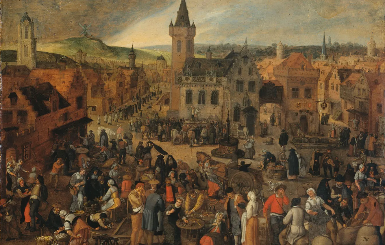 Фото обои масло, картина, Себастьян Вранкс, 1647, Базарный день в фламандском городе, Sebastiaan Vrancx