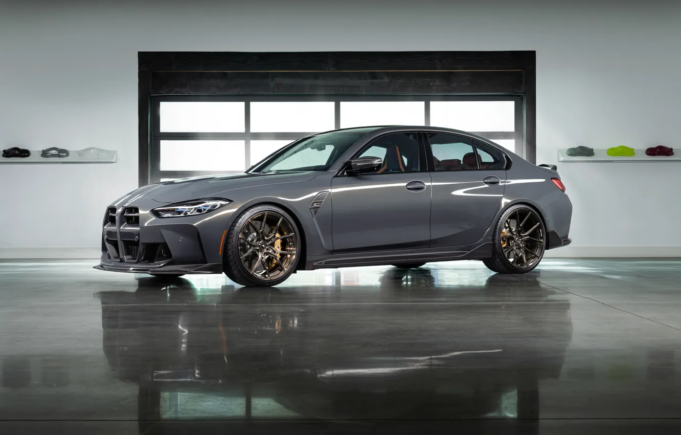 Фото обои BMW, Vorsteiner, Grey, Side, BMW M3, Garage, G80, 2021