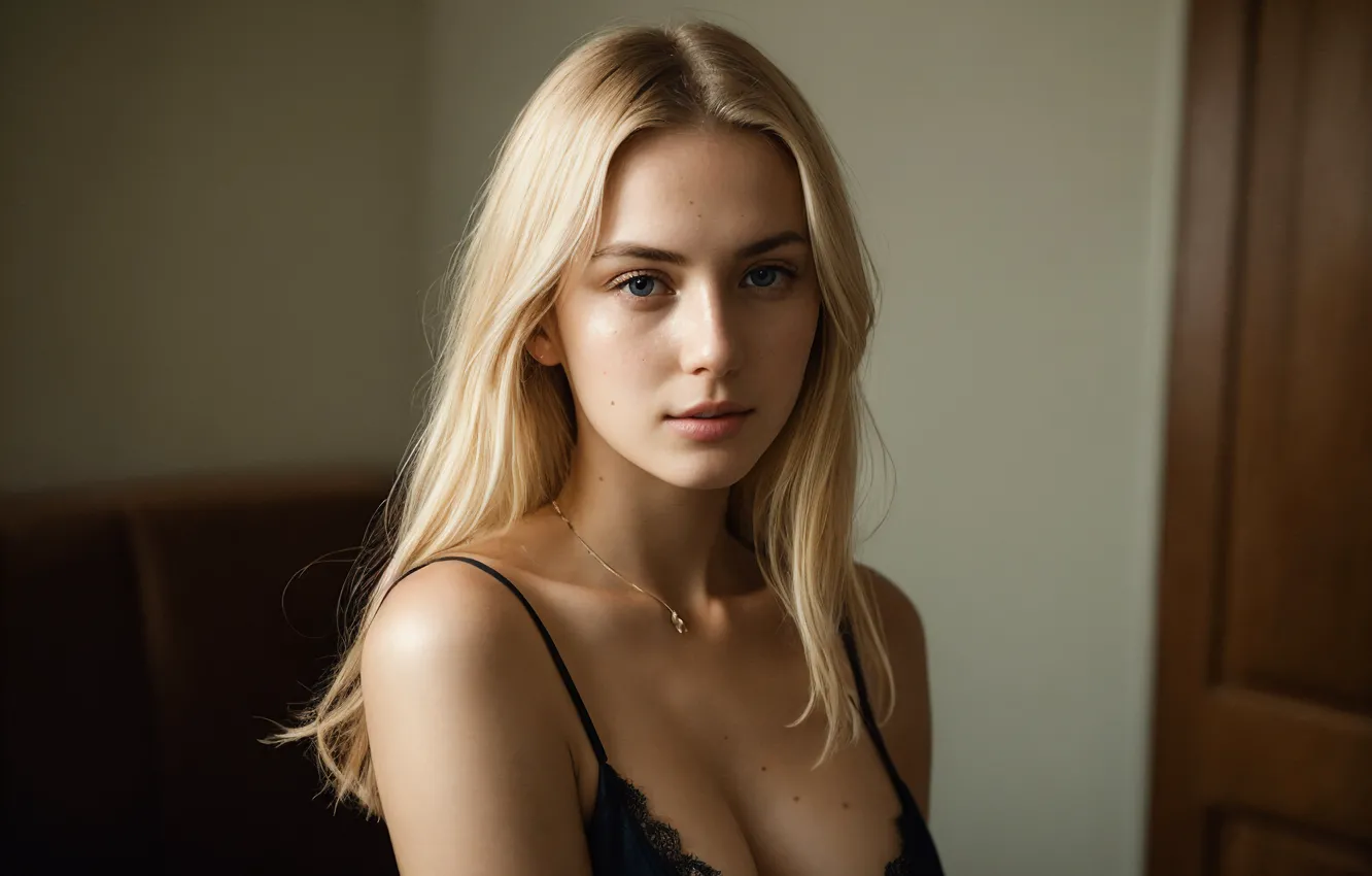 Фото обои взгляд, блондинка, длинные волосы, blue eyes, Stable Diffusion, нейросеть