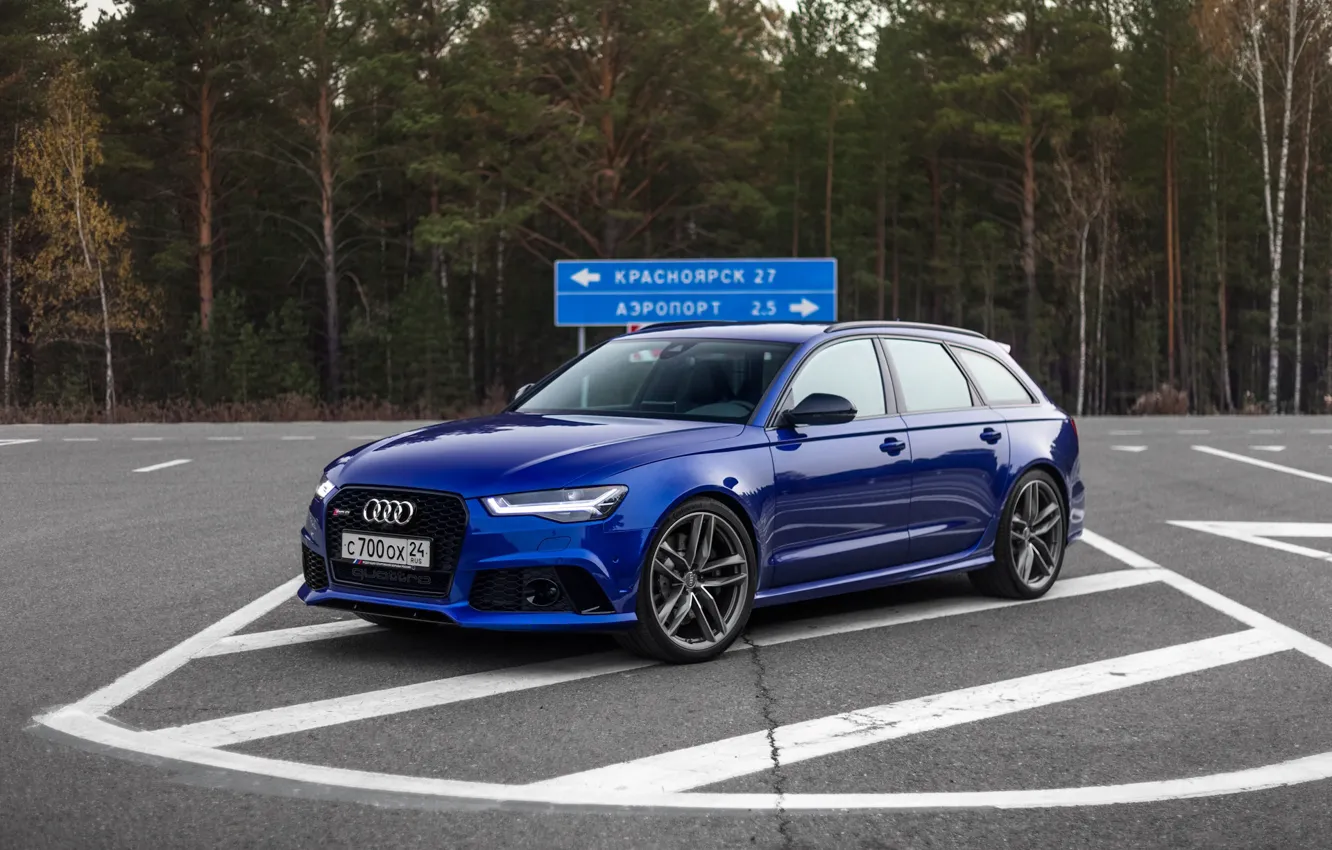 Фото обои Audi, Russia, Blue, Avant, Forest, RS6, Asphalt