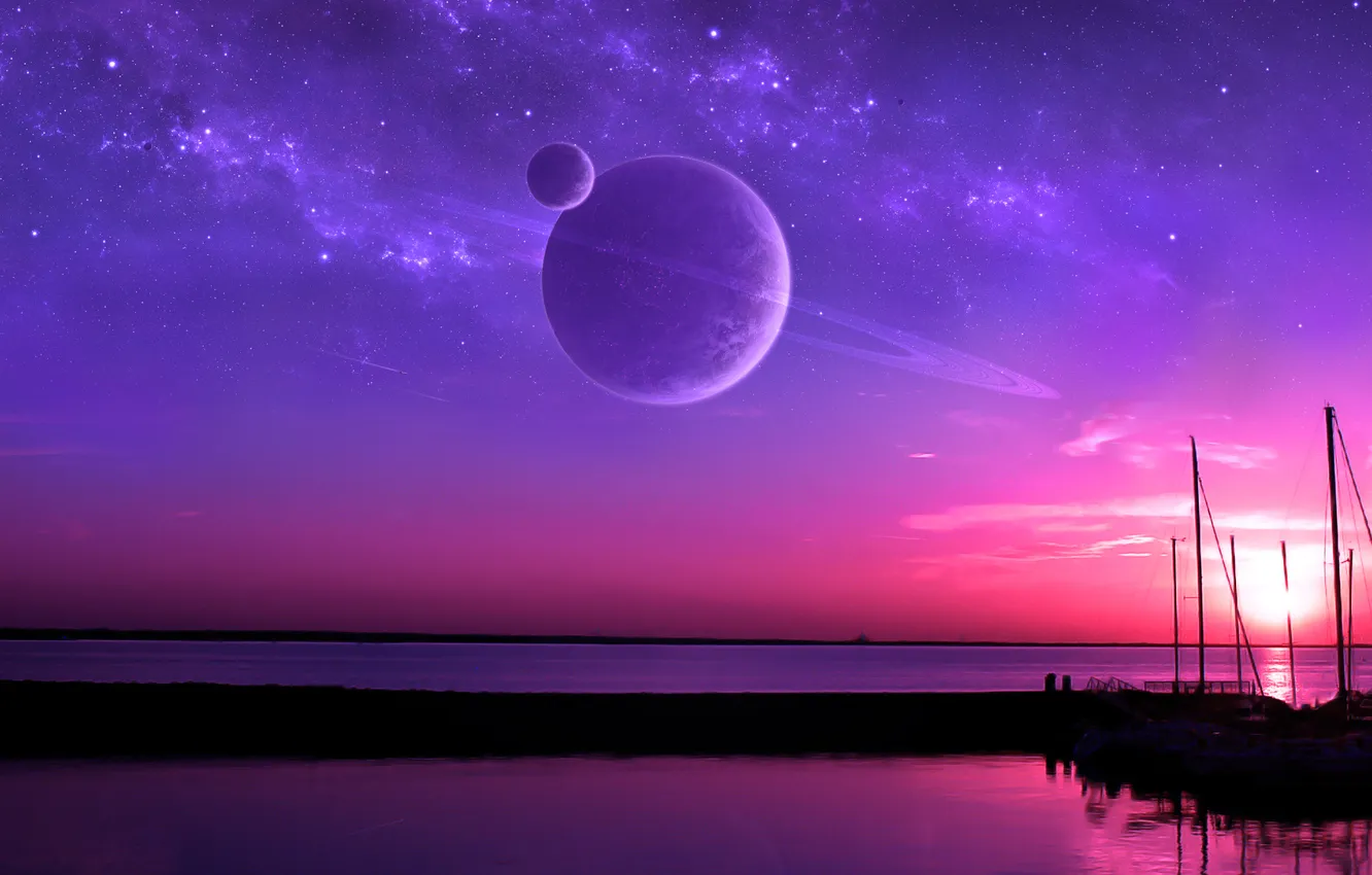 Фото обои fantasy, ocean, sunset, water, lake, planet, boat, purple breath