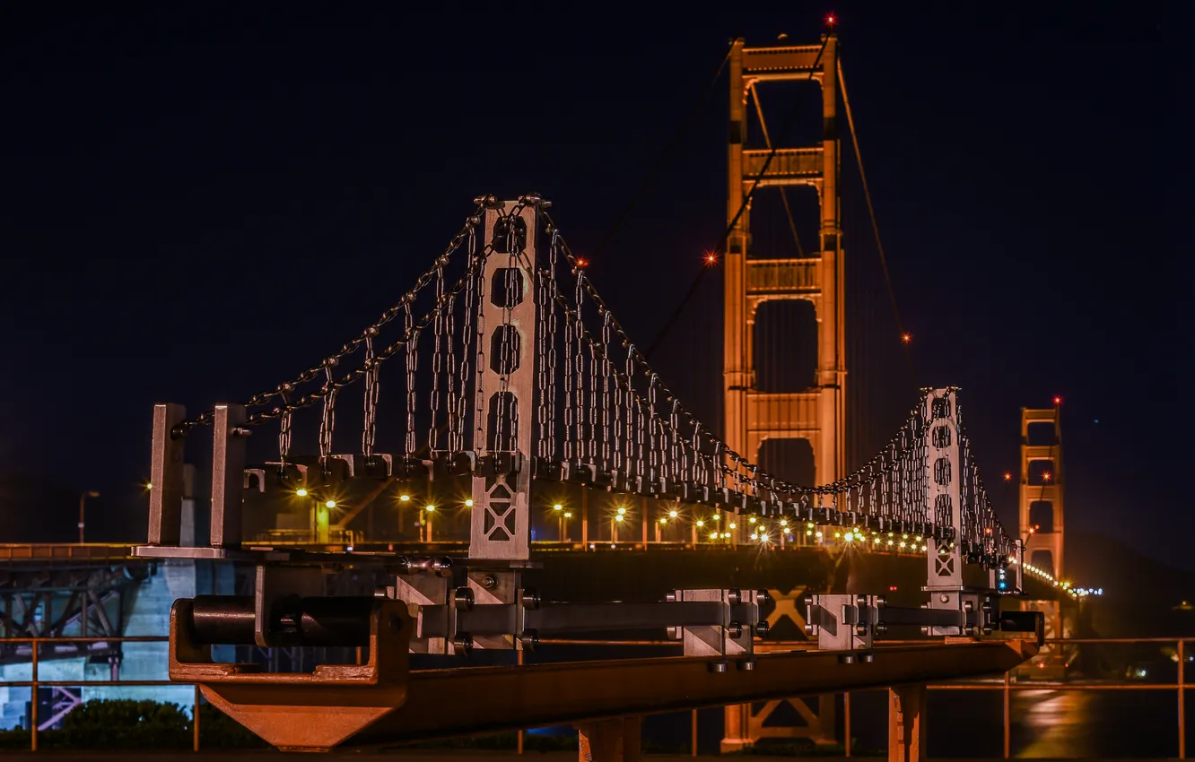 Фото обои ночь, мост, огни, Калифорния, Сан-Франциско, Золотые Ворота, Golden Gate Bridge, California