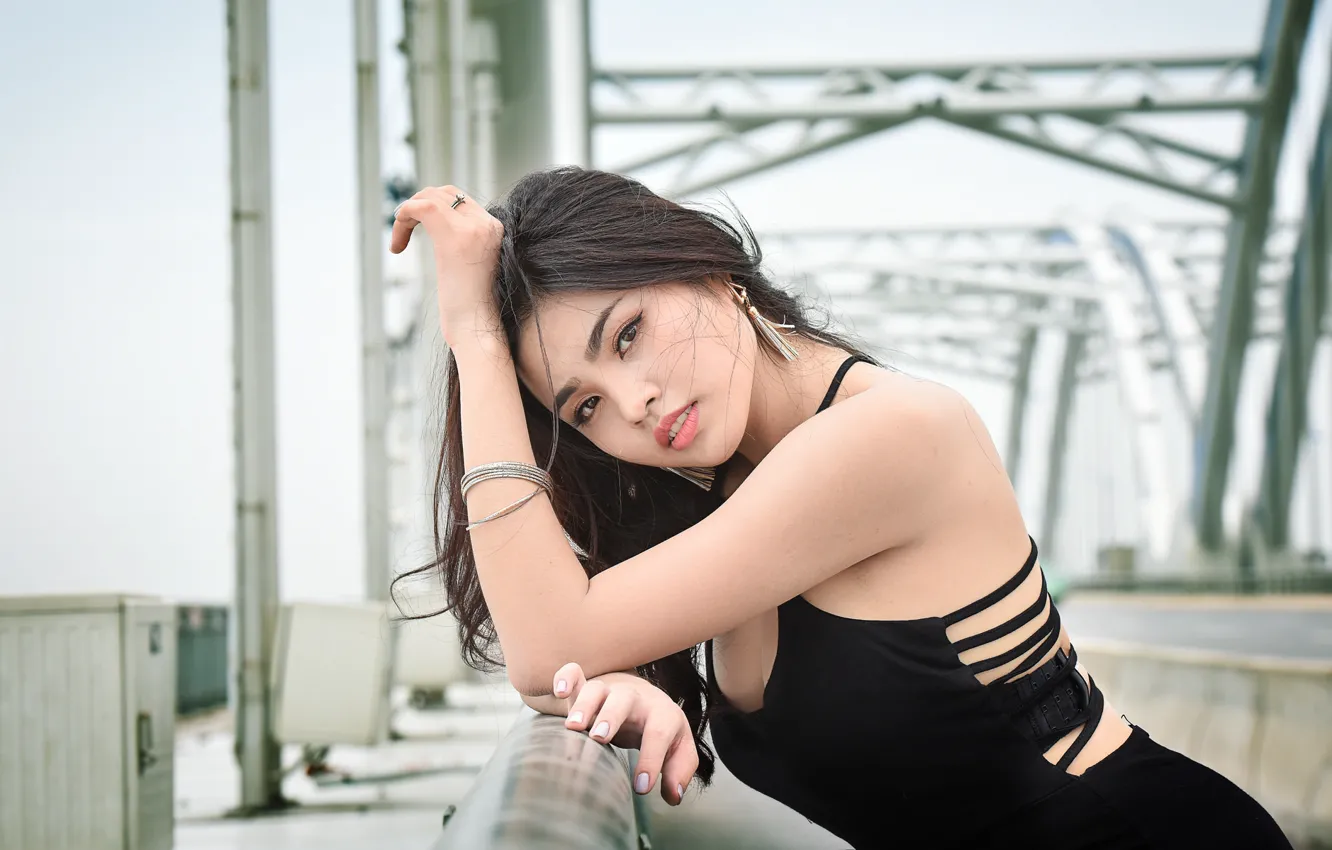 Фото обои взгляд, девушка, лицо, фон, волосы, платье, азиатка