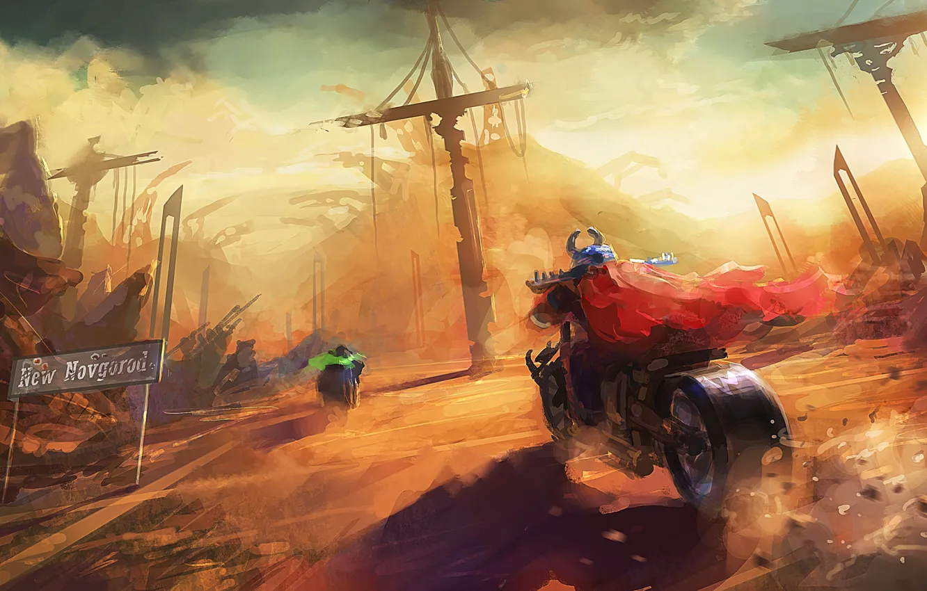 Фото обои дорога, небо, мотоцикл, вывеска, преследование