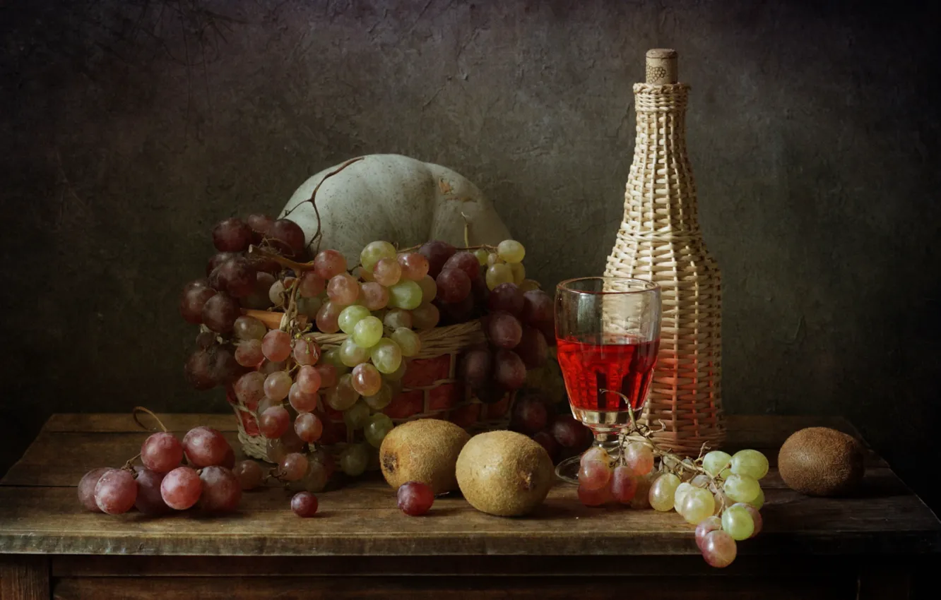Фото обои вино, бокал, бутылка, киви, виноград, дыня