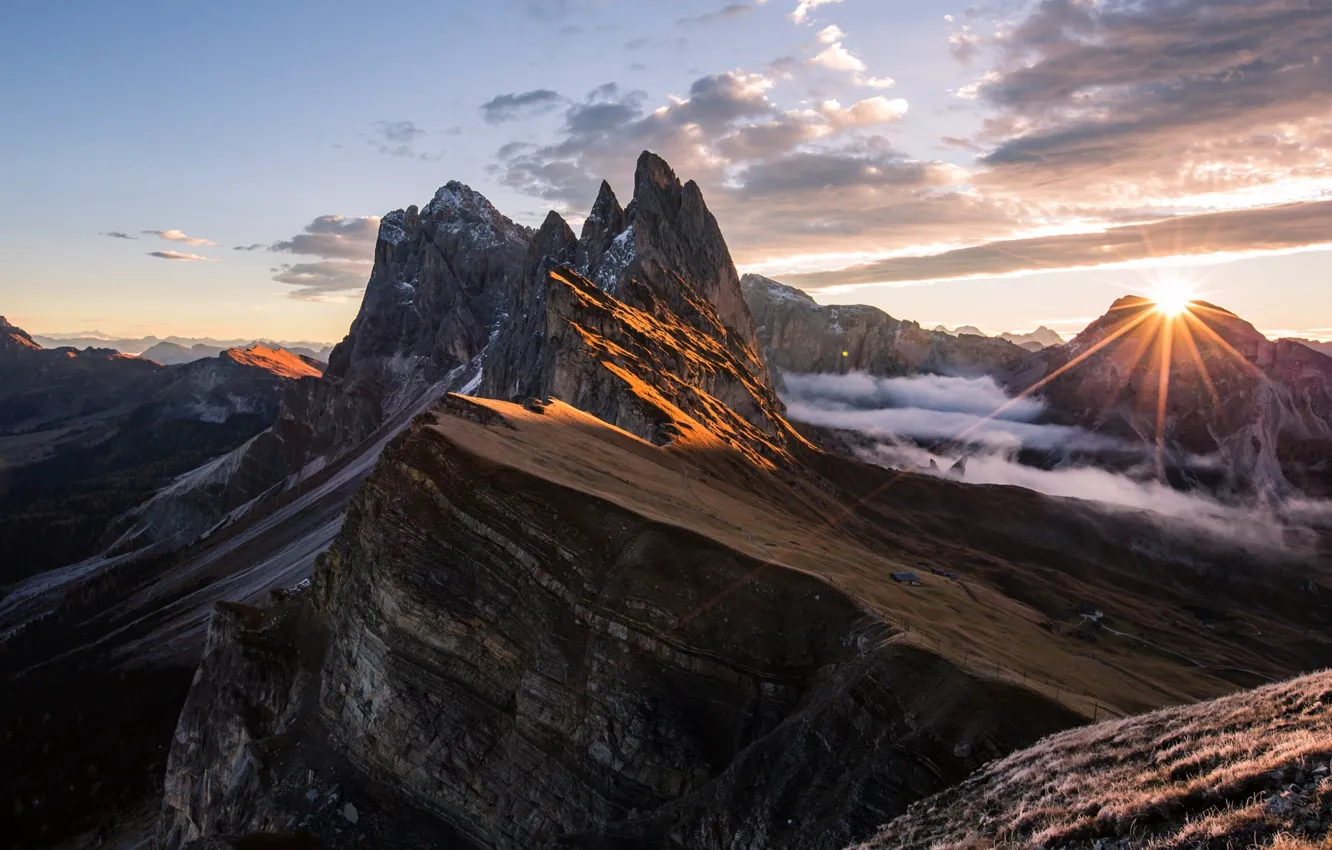 Фото обои солнце, свет, горы, скалы, Альпы