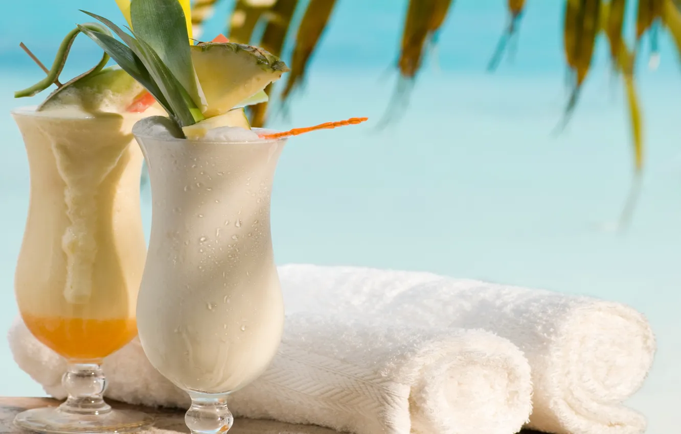 Фото обои фрукты, beach, fresh, полотенца, коктейли, fruit, drink, palms