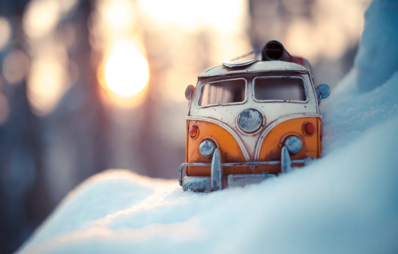 Фото обои Макро, Зима, Снег, Volkswagen, Модель, Машинка, Игрушечная