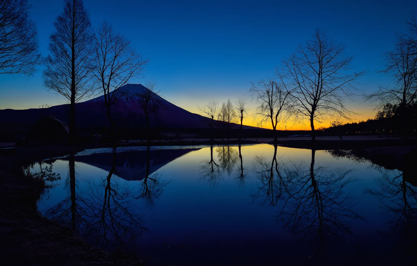 Фото обои небо, деревья, озеро, вечер, Япония, силуэт, зарево, гора Фудзияма